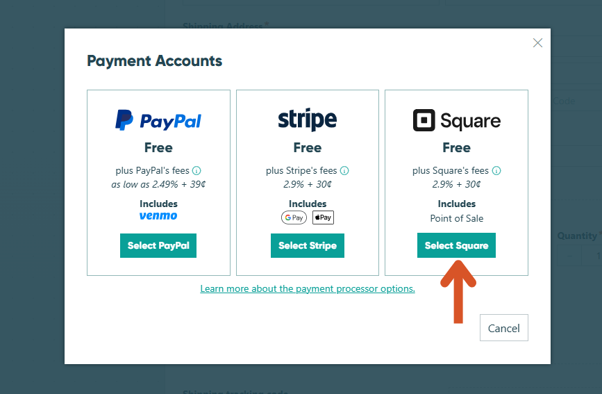 Select Square as payment processor
