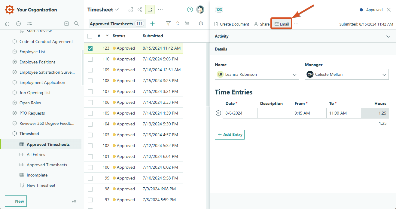 Click the Send Email option in the individual entry view.