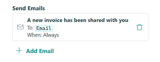 screenshot of the "Send email" option to add a new email on a Workflow Action in Cognito Forms