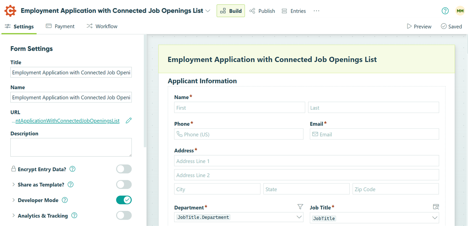 Setting form settings for Employment Application form