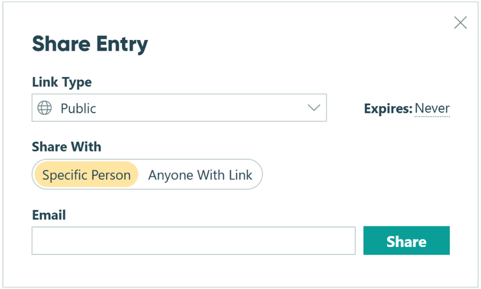 Screenshot of the share entry pop-up dialog in Cognito Forms