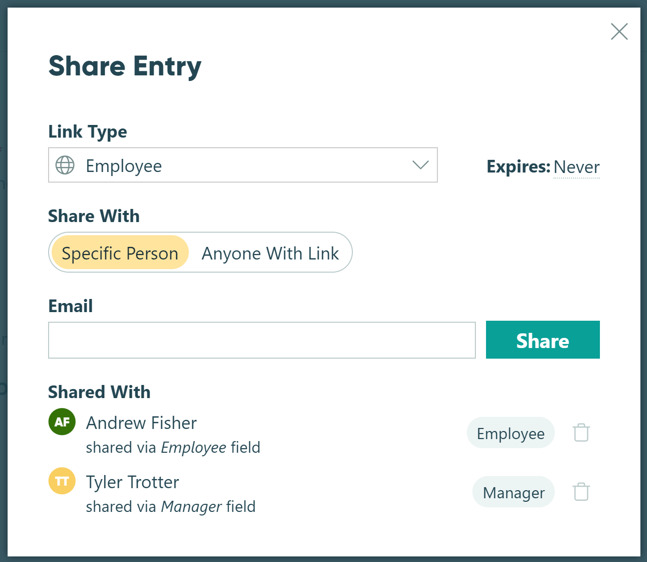 Share Entry panel to share an entry with a specific person or anyone using the link
