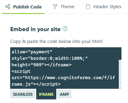Screenshot of the Iframe embed code for a form in Cognito Forms
