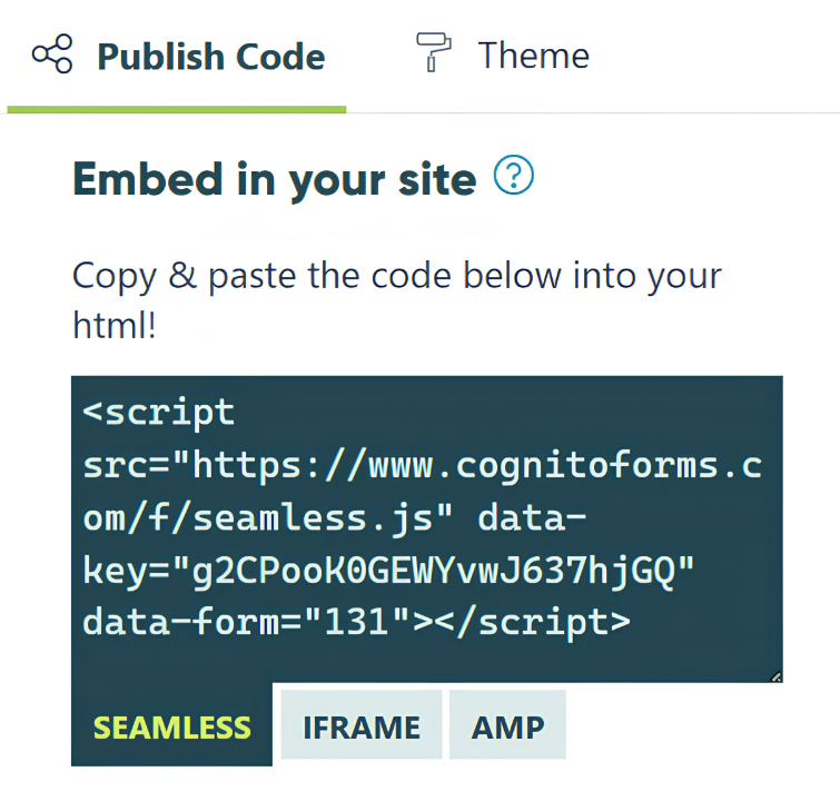 Screenshot of Cognito Forms embed code section of the Publish and Style page