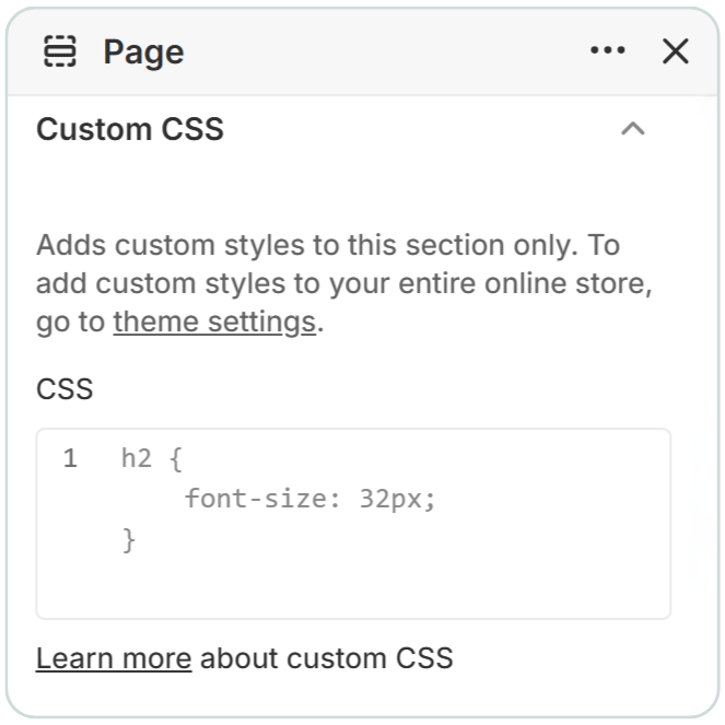 Screenshot of the Shopify custom CSS setting