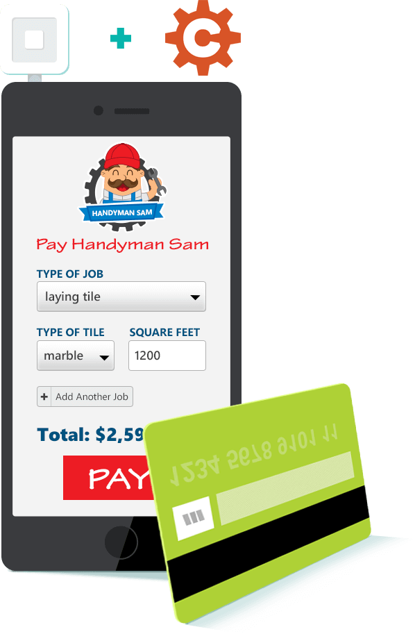 Smartphone payment screen with credit card input fields for mobile payment processing with Square and Cognito Forms.