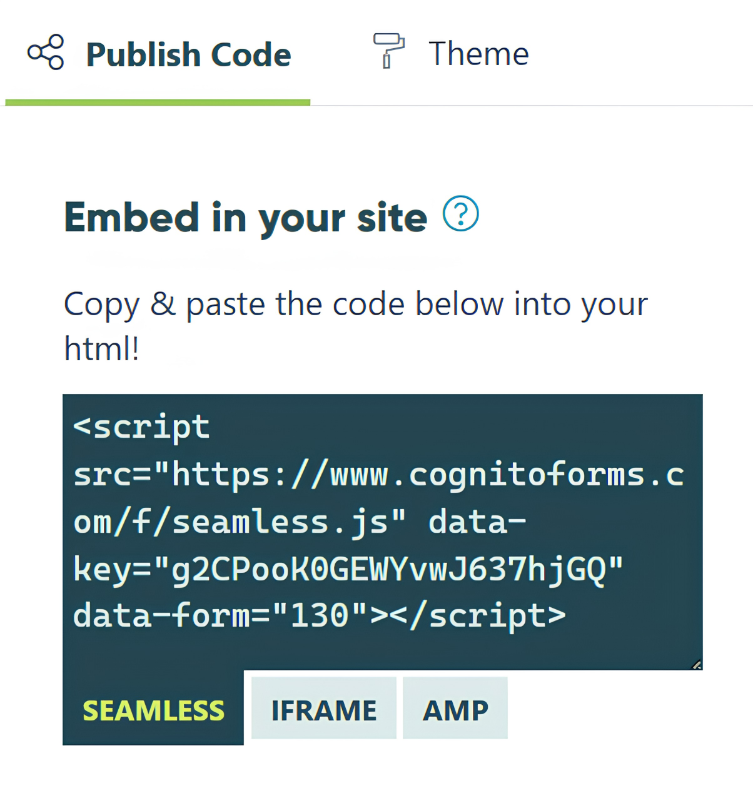 Screenshot of the Publish Code area in Cognito Forms to copy your embed code and use on GoDaddy Website Builder
