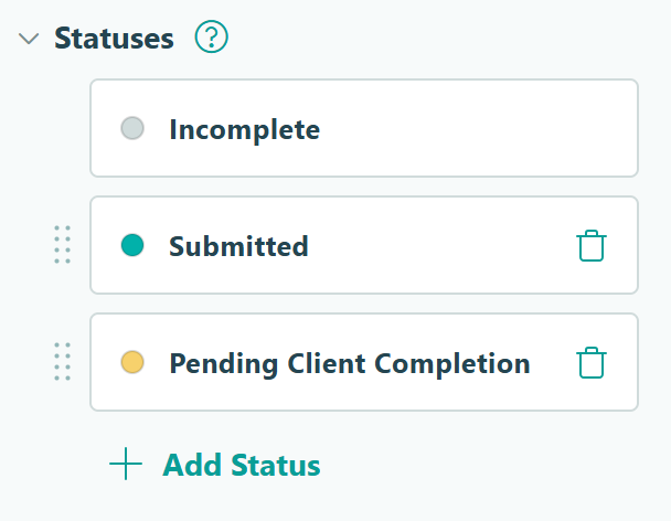 screenshot of workflow statuses and Cognito Forms, including incomplete, submitted, and pending client completion