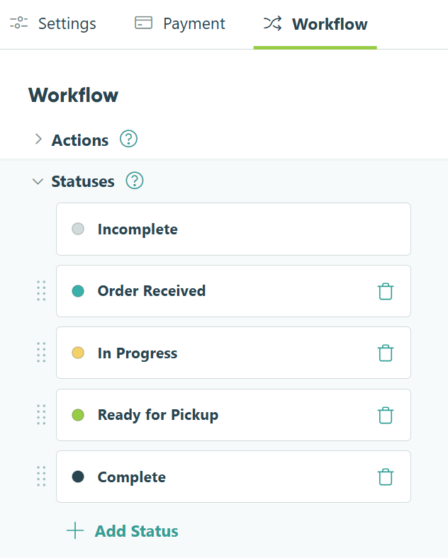 Screenshot of Workflow Statuses in Cognito Forms, showing a standard fulfillment workflow to track orders