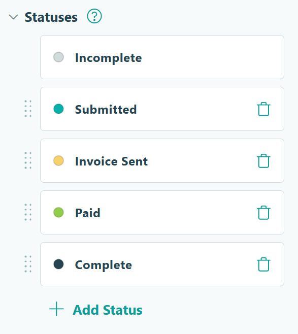 Screenshot of workflow statuses and Cognito Forms including Complete, Submitted, Invoice sent, Paid, and Complete