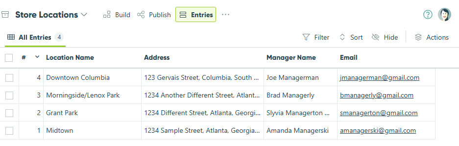 Populate the form entries with the specific details for each location.