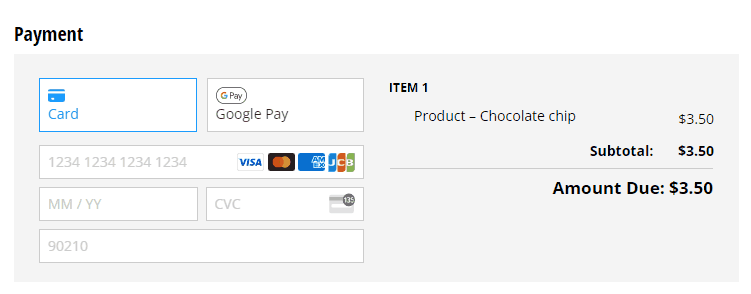 Payment form interface with options for entering card details or using Google Pay for transactions.