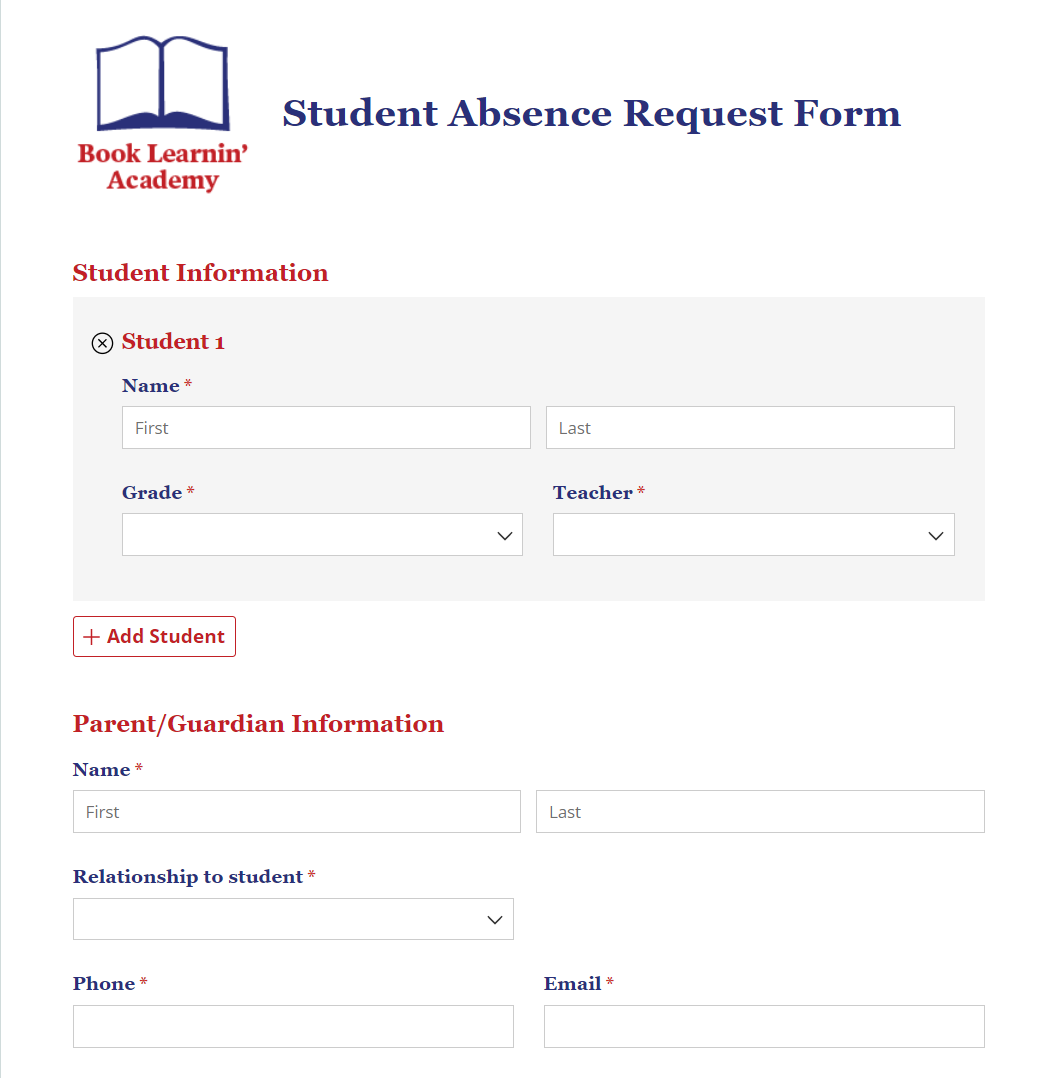 Book Learnin Academy Student Absence Request Form.