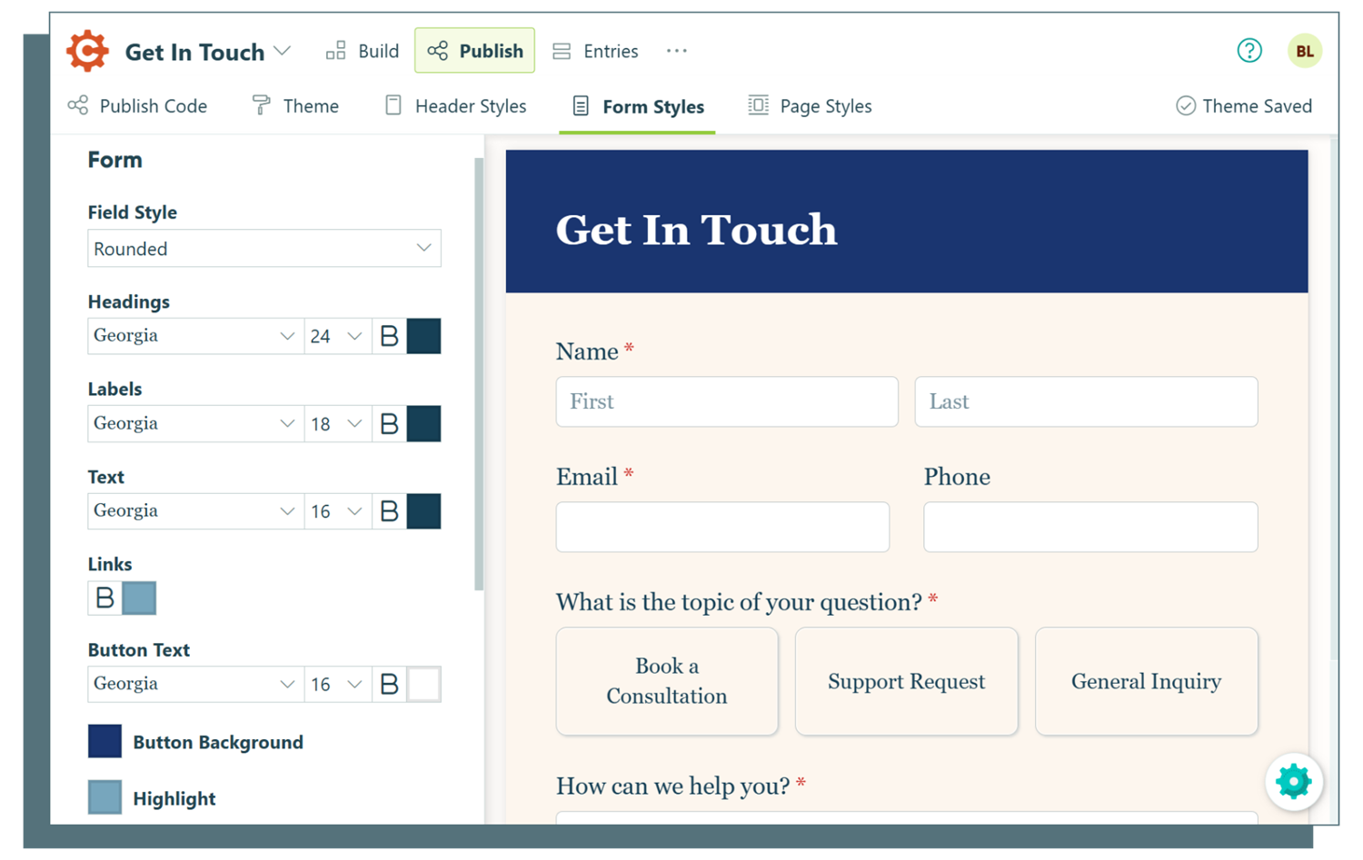 Screenshot of the form style editor in Cognito Forms