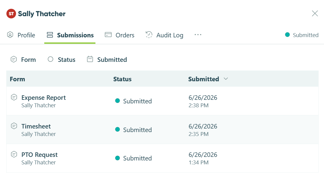 The Submissions tab in the entry view shows a person's submission history across forms.
