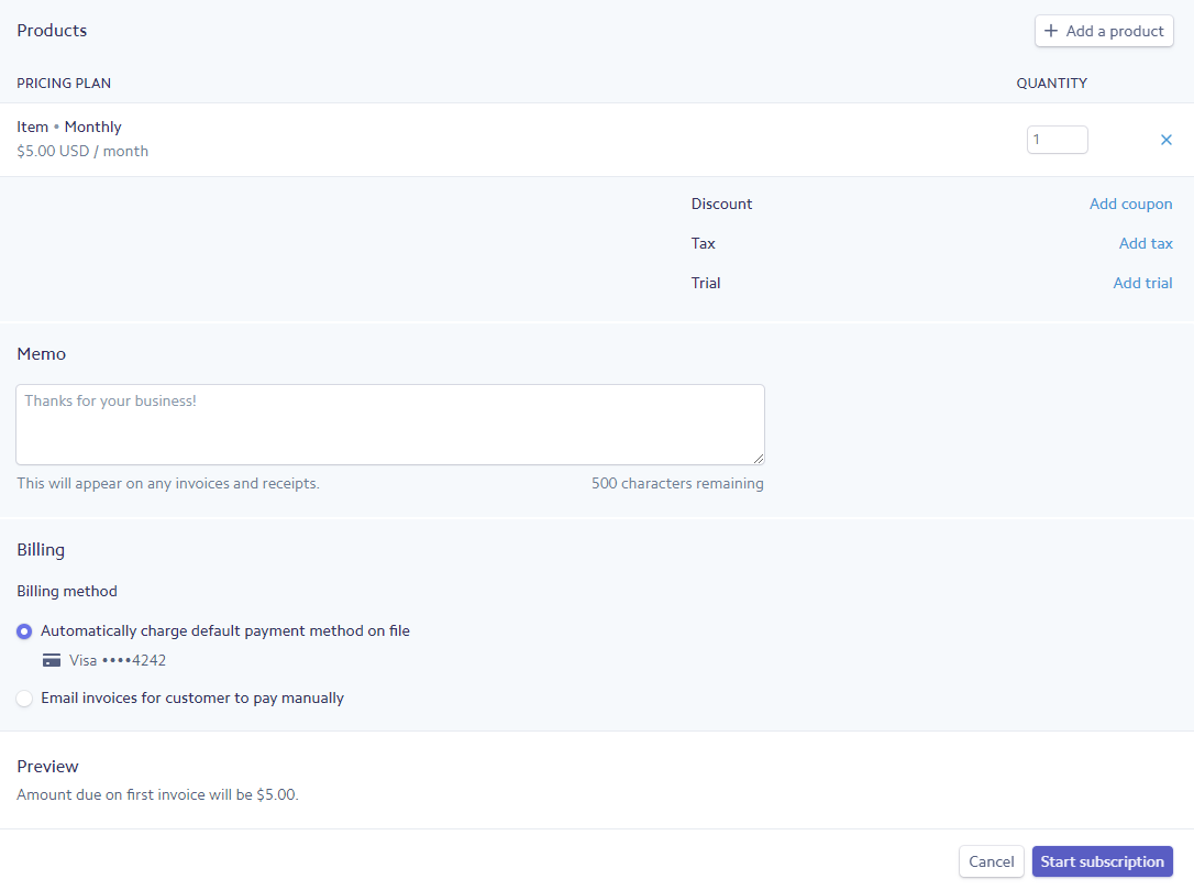 Creating a subscription in Stripe.
