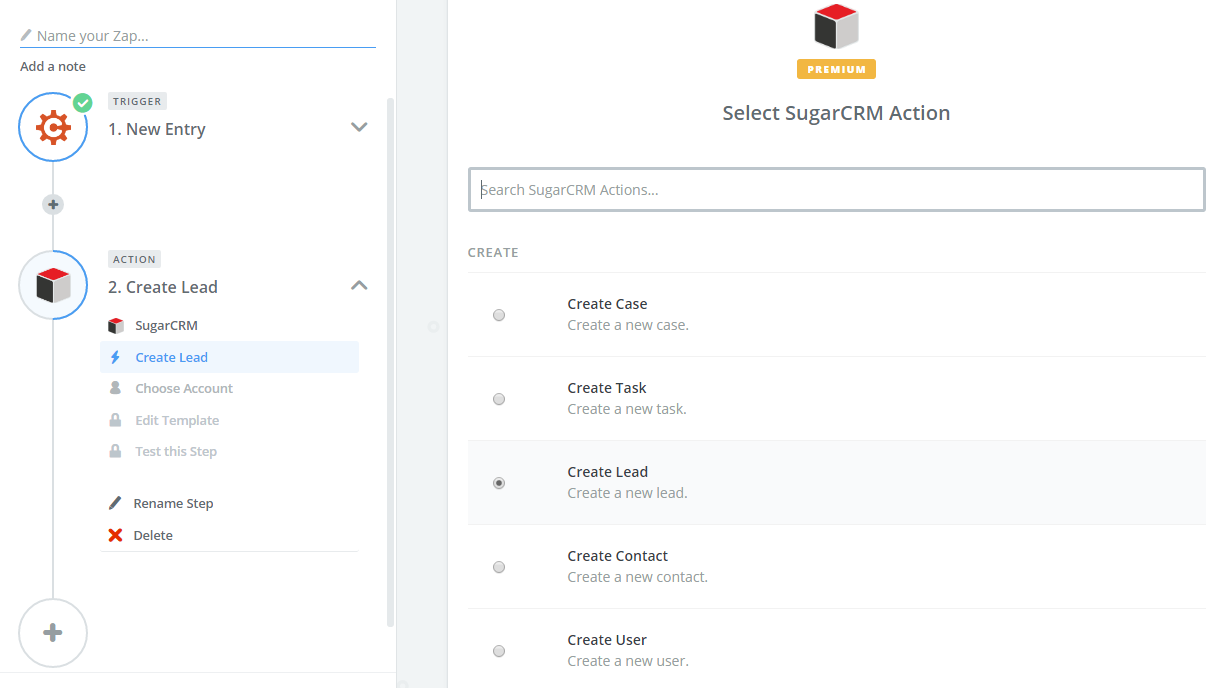 Select SugarCRM Action page with Create Lead action selected.