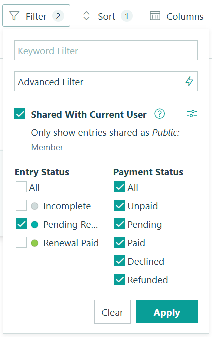 screenshot of the filters settings on a view in Cognito Forms