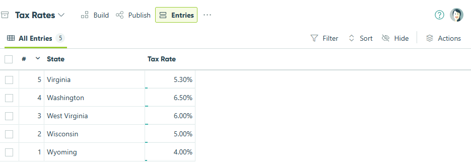 Populate the form entry view with the full list of states and tax rates.