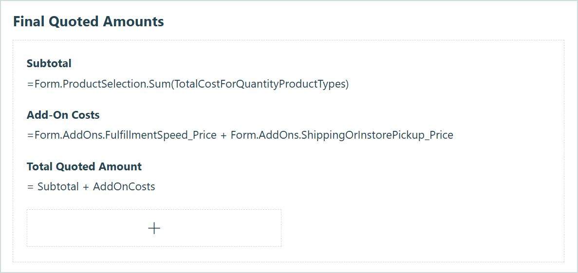 Screenshot of a subtotal calculation field, an add-on cost calculation field, and a total quoted amount calculation field inside a section of the form titled Final Quoted Amounts