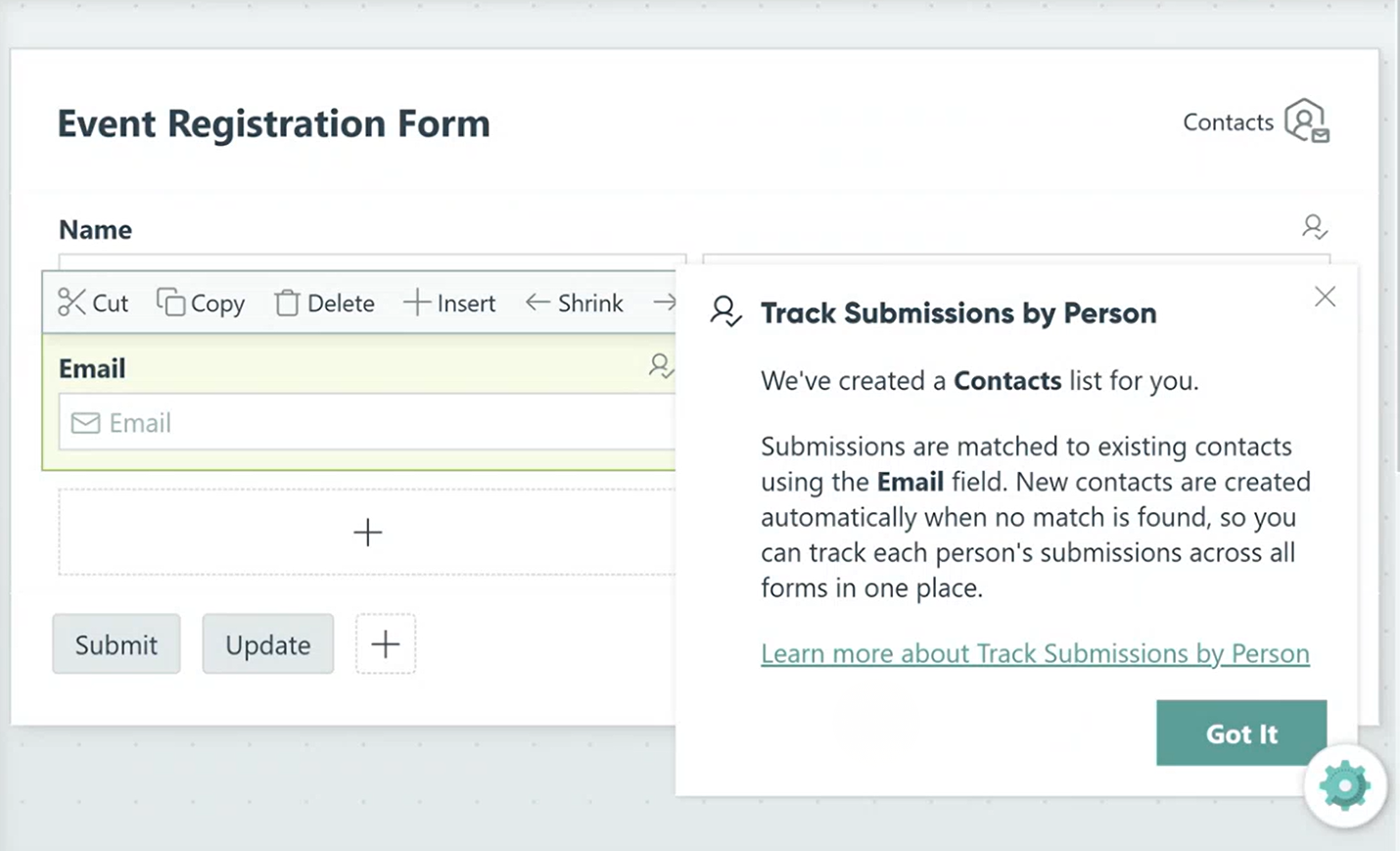 Screenshot of a popup in Cognito Forms telling you that a Contacts list was created for you