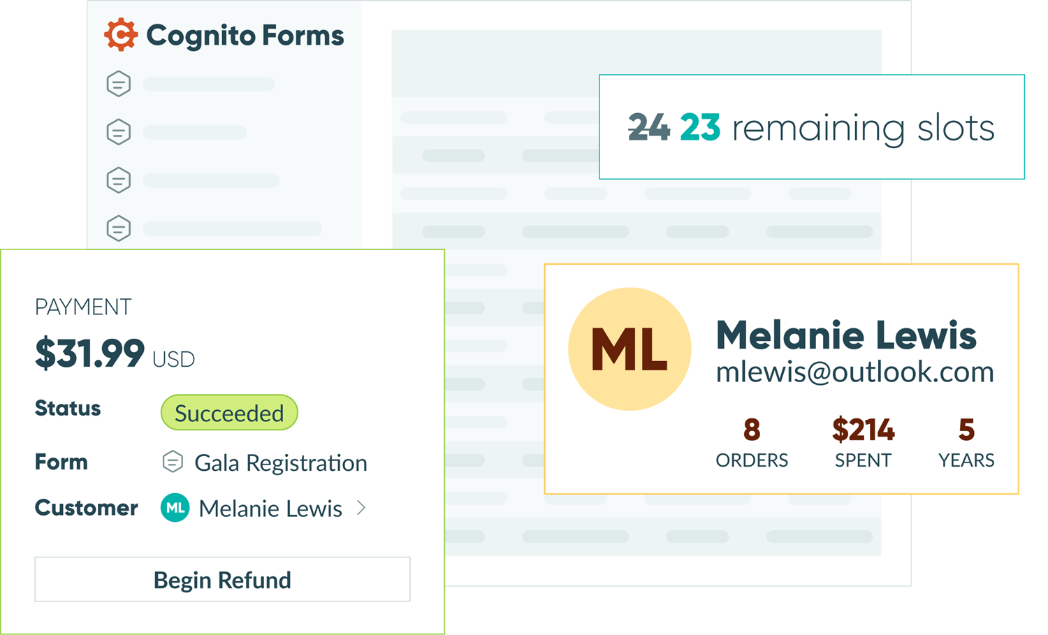 An illustration of Cognito Pay with payment, customer, and inventory dialogs.