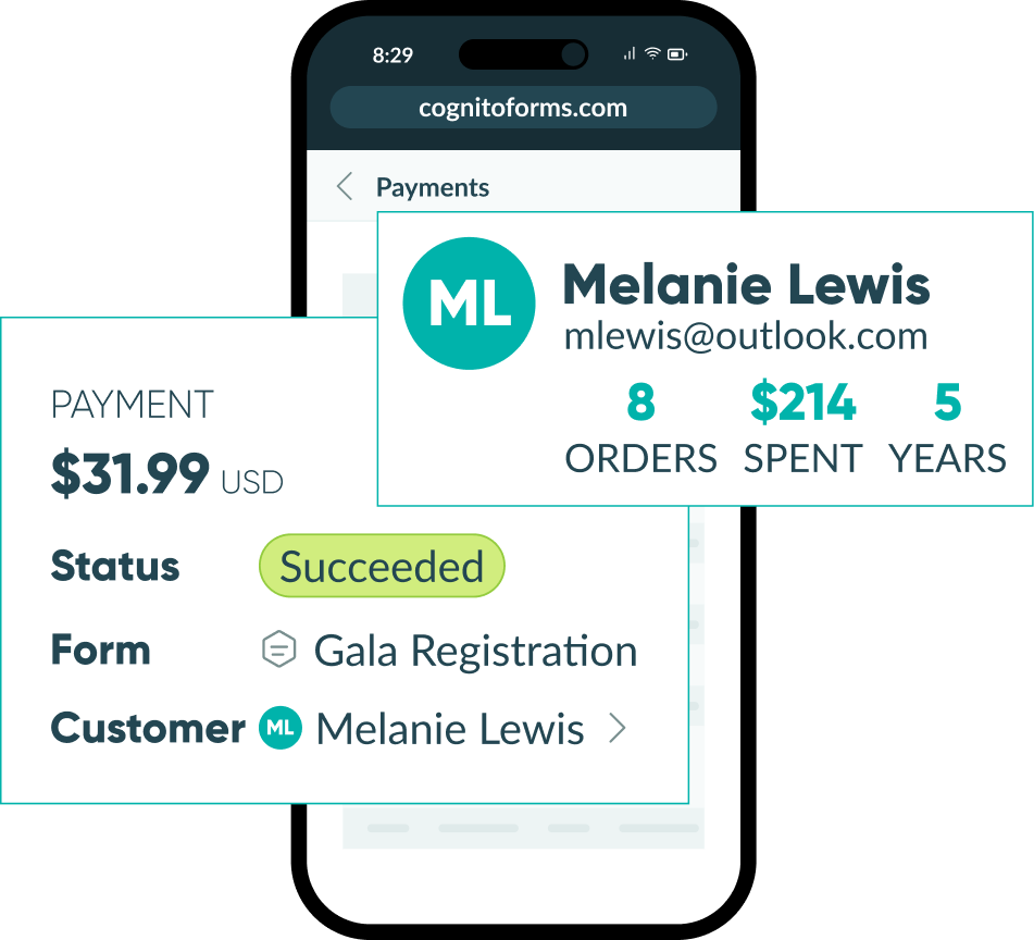 An illustration of Cognito Pay with payment and customer dialogs.