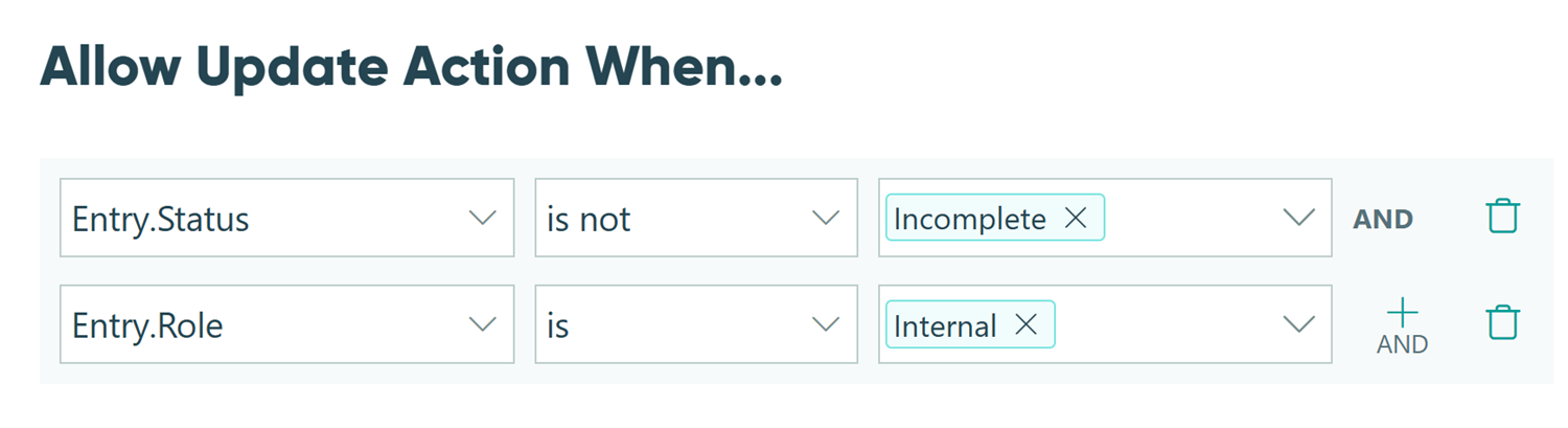 Screenshot of the Conditional Logic Builder in Cognito Forms showing how to allow the update action when the role is internal and the status is either submitted or invoice sent.