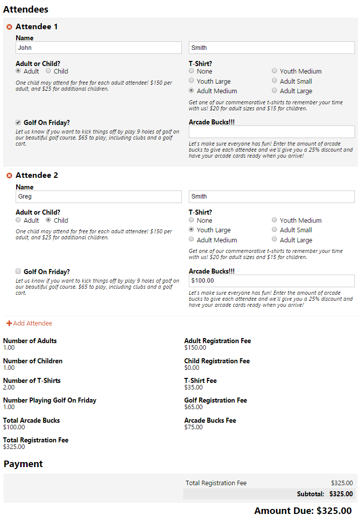 Calculations example of an event signup sheet.