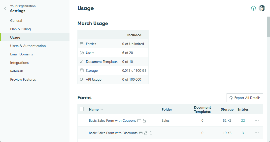 Check your organization's monthly usage from the Usage section on your organization's settings page.