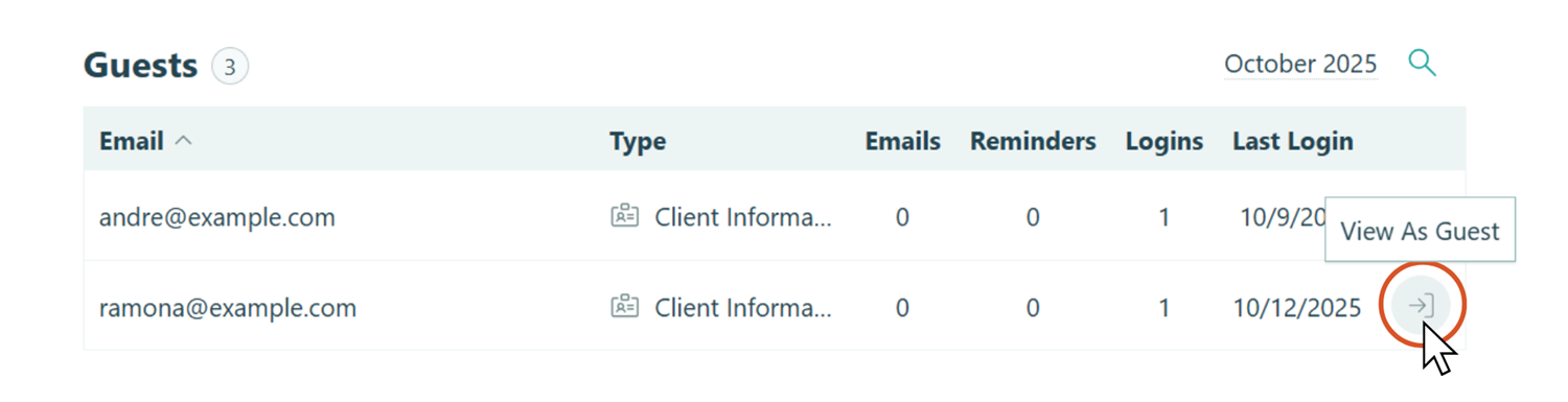 Screenshot of a table of guests with a cursor clicking the View As Guest button highlighted