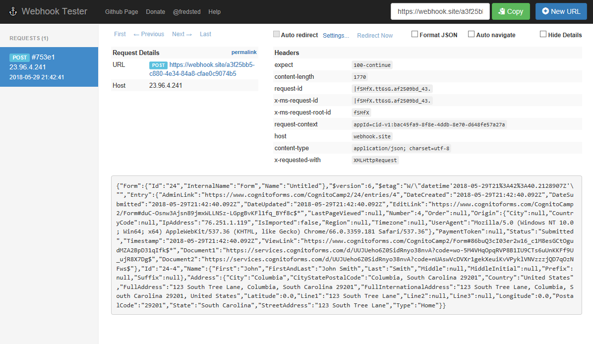 Raw data in Webhook Tester.