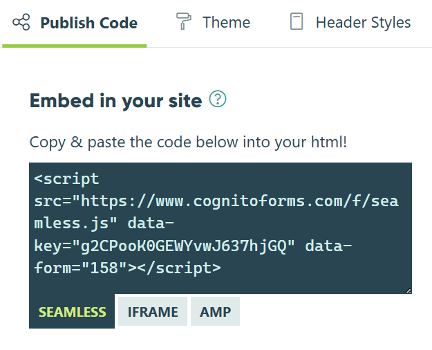 Screenshot of the embed code for a form in Cognito Forms