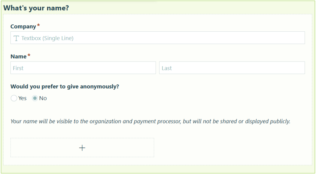 Screenshot of the fields in the What's Your Name section of the donation form