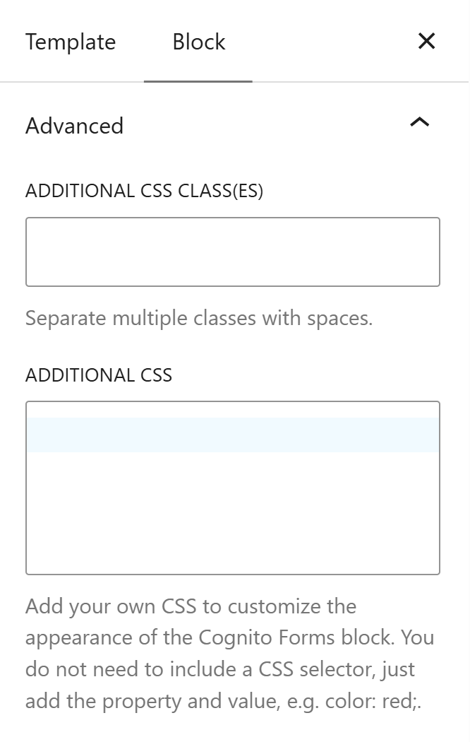 Screenshot of the Custom CSS setting section in WordPress HTML blocks