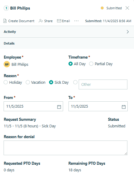 Workflow management entry for an employee requesting time off