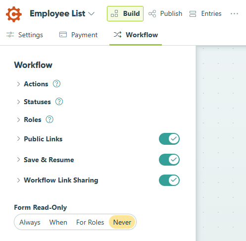 The Workflow Menu is where you'll customize Actions, Statuses, Roles and more.