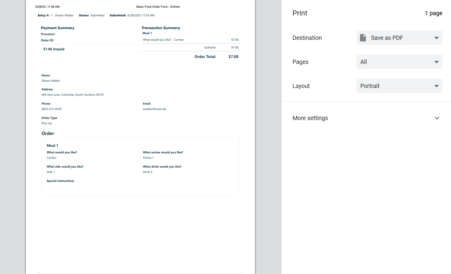 Printing an entry.