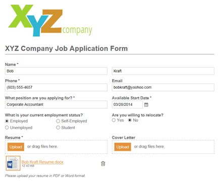 XYZ Job Application form.