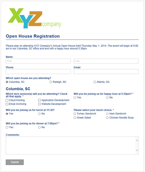 Open house registration form with conditional logic