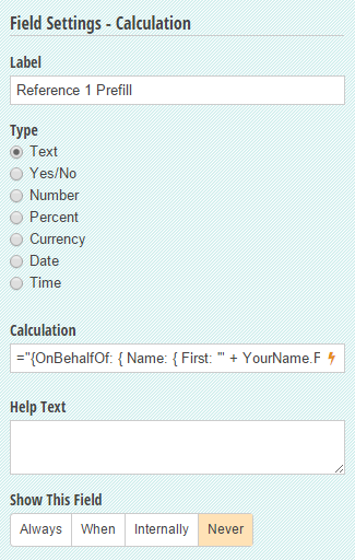 A calculation field that collects prefilled form data.