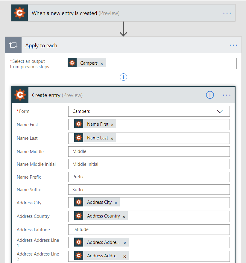 Set an action to populate new entries in the camper directory form.