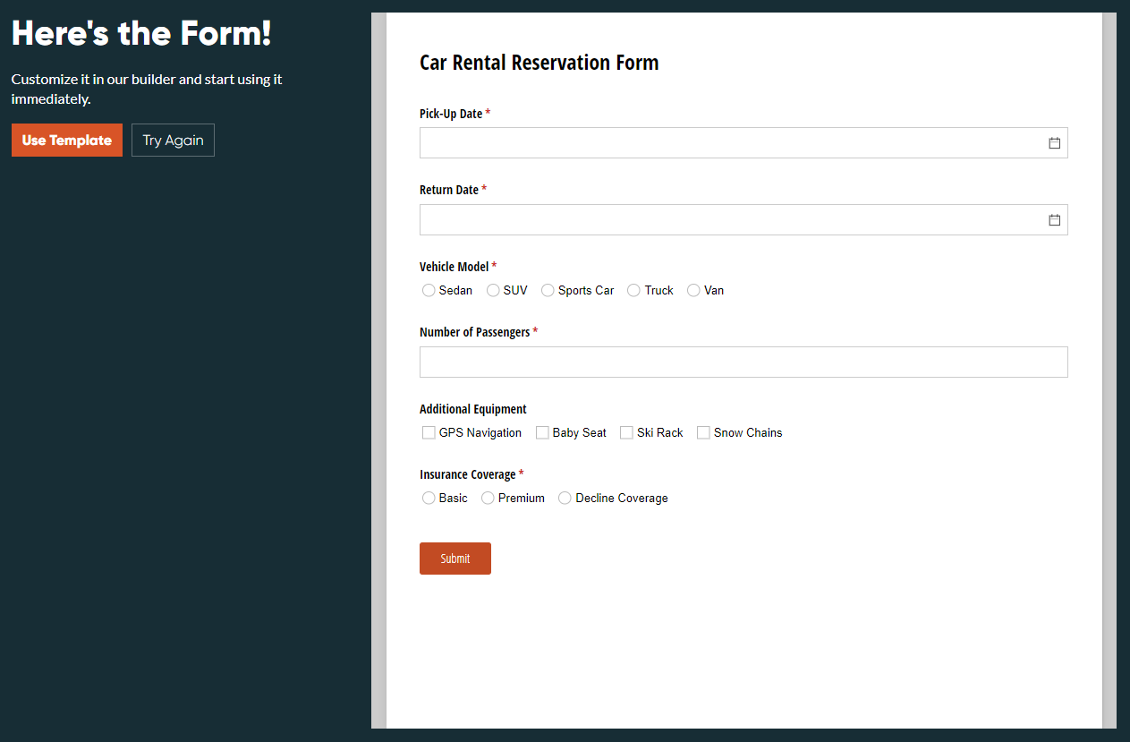 AI generated car rental reservation form.
