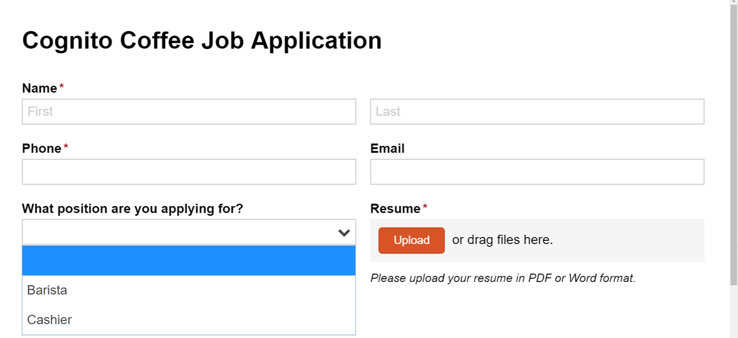 Cognito Coffee application what position are you applying for with lookup field.