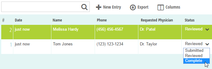 Change entry status from Entries page using Status dropdown.