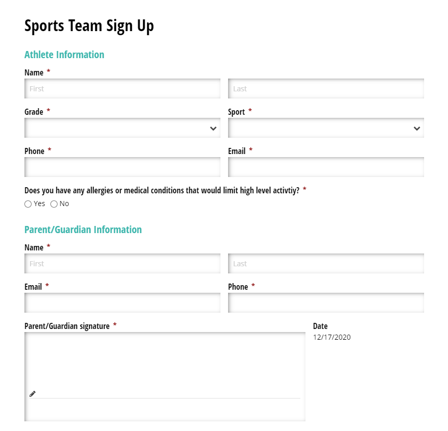 Sports Team Sign Up Form.