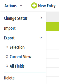 A list of operations, including the ability to change the entry status, import entries, export entries, and delete entries