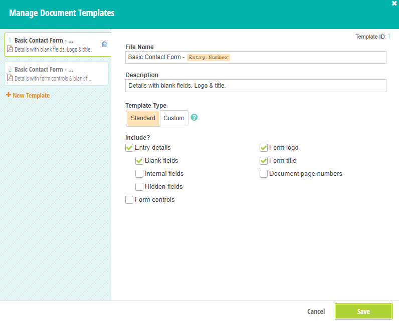 Managing document templates dialog box.