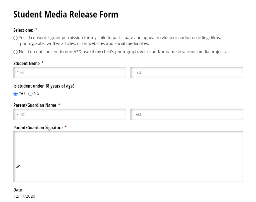 Student Media Release Form.