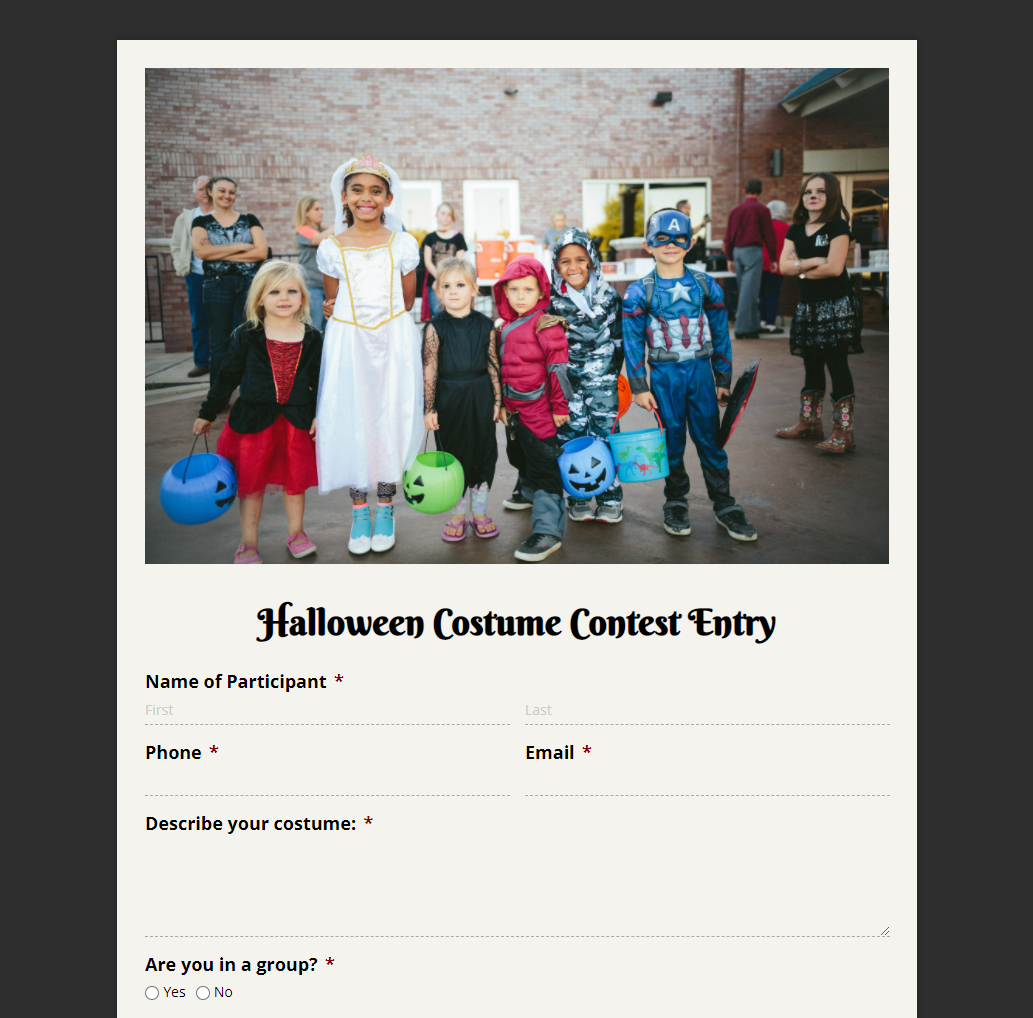 Halloween costume contest entry form.